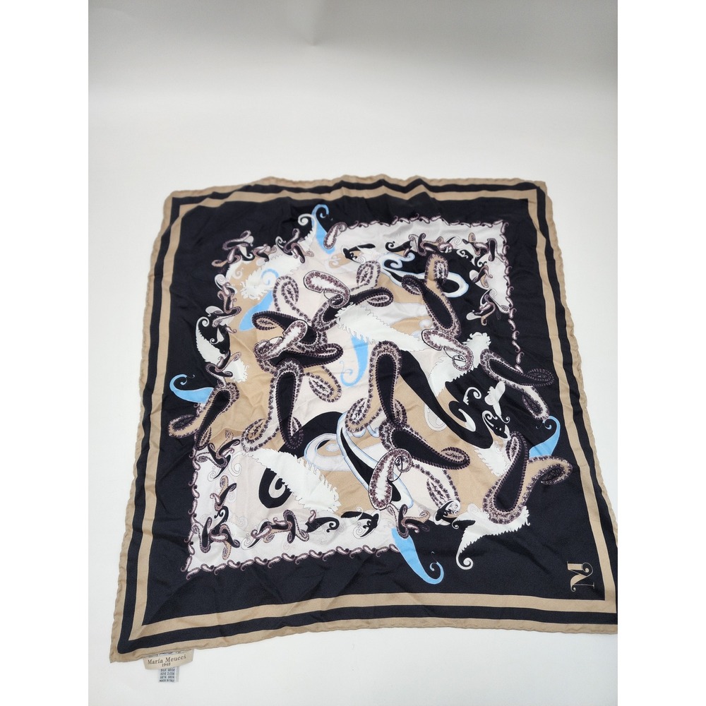 Maria Meucci 1948 Silk Scarf Italy Abstract Paisley Navy Tan Square 20x19